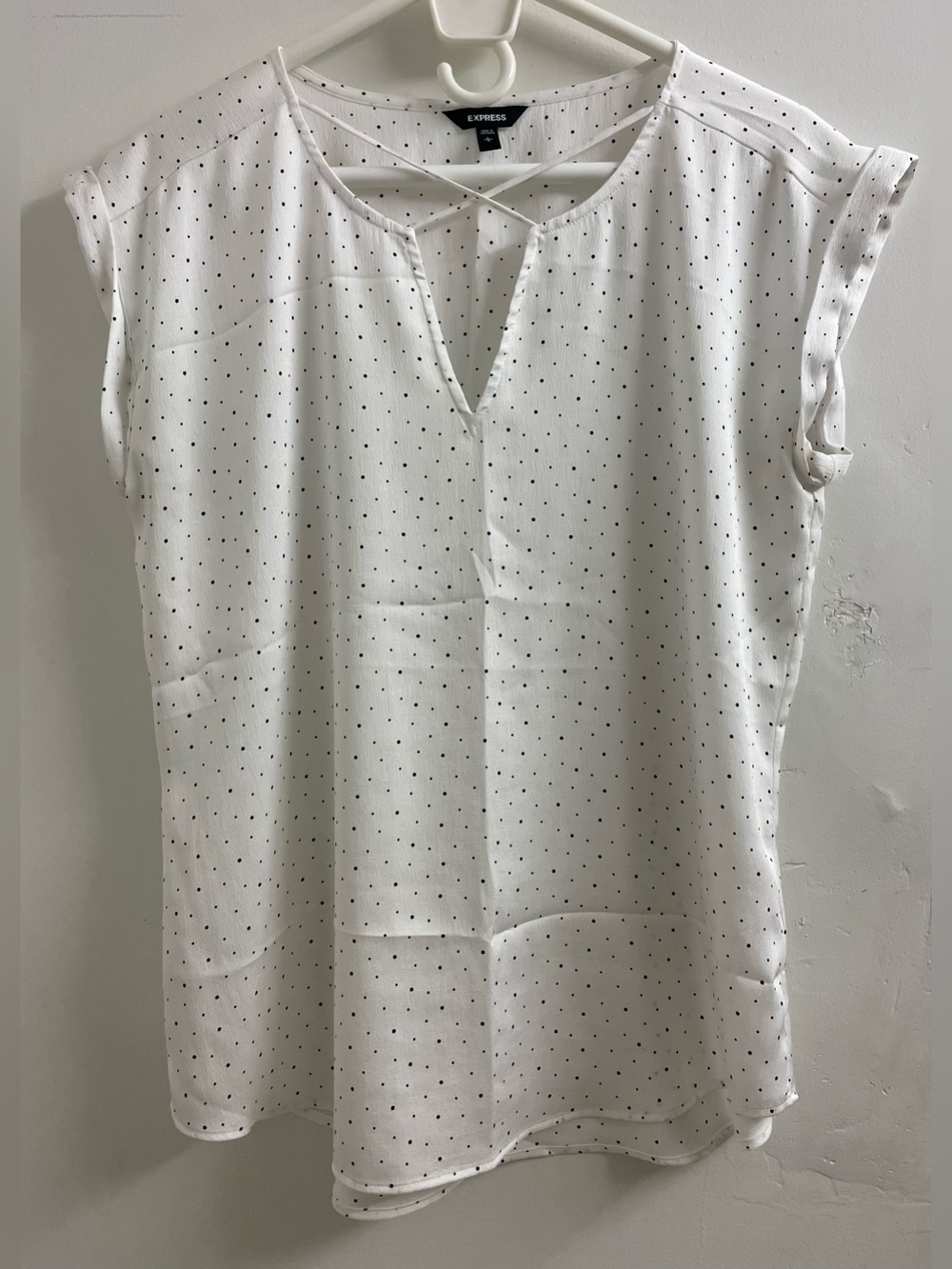 Express White Dot Cap-Sleeve V-Neck Blouse with Cross-Strap